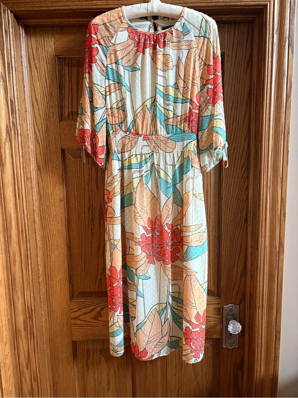 Maggy London Floral Midi Dress in Cream, Coral, and Teal
